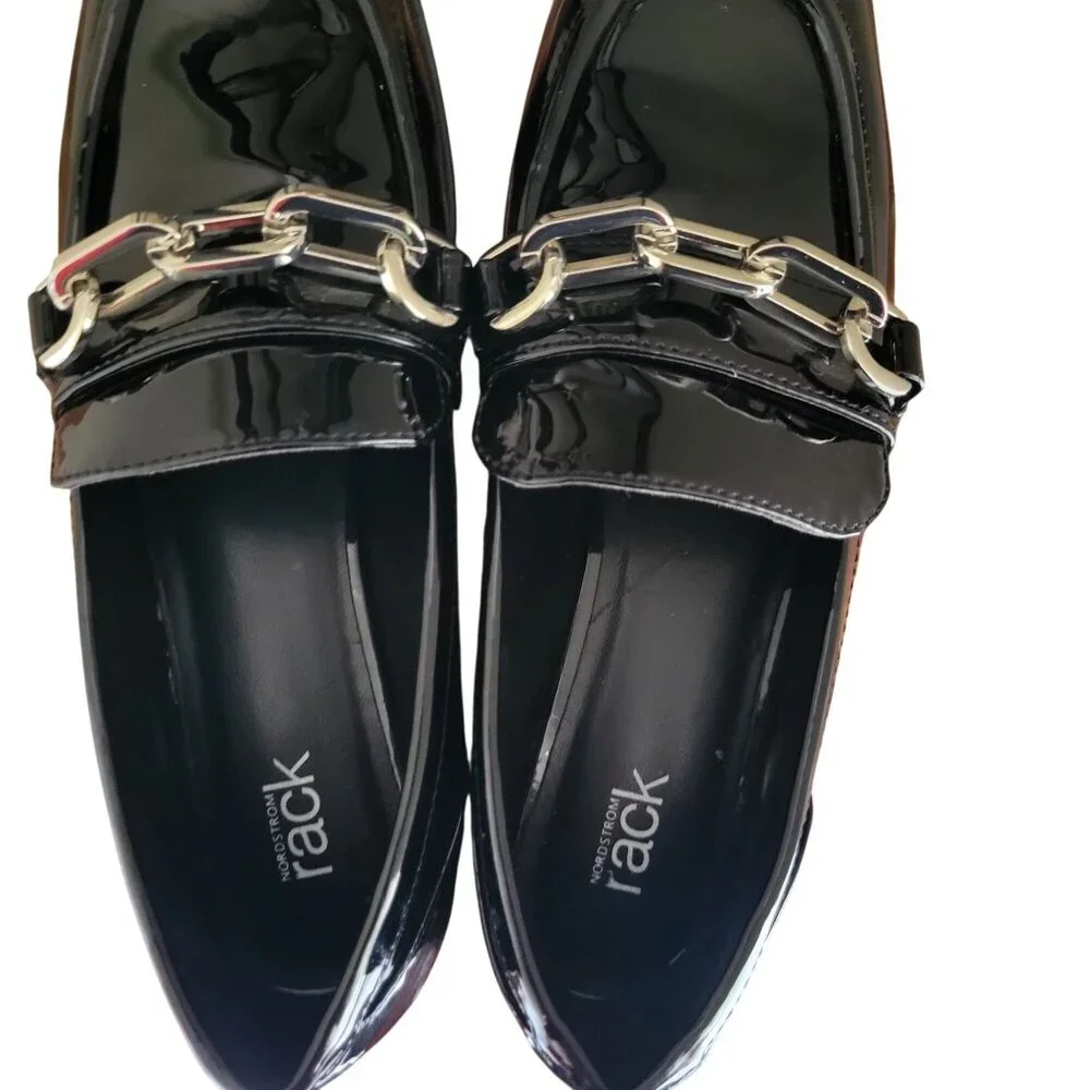 Nordstrom Rack Loafer Women Black Glossy Flat Moc Rack Jane Chain-Link Shoe 6.5M